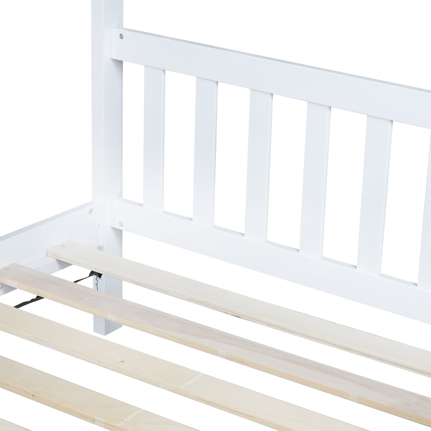 Closeup of white wooden bed frame slats and support structure