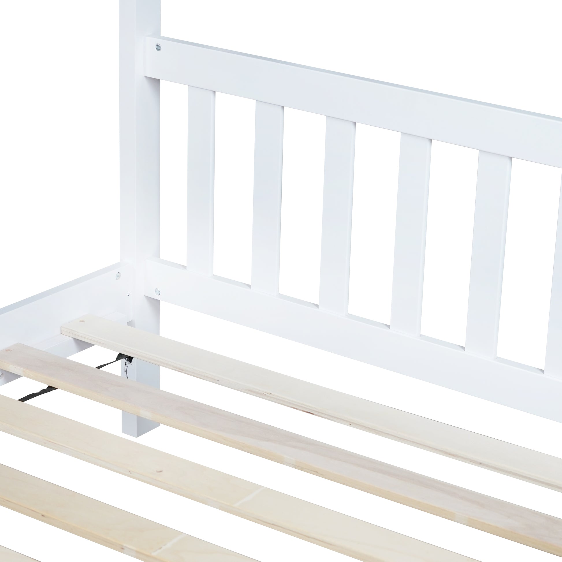 Closeup of white wooden bed frame slats and support structure