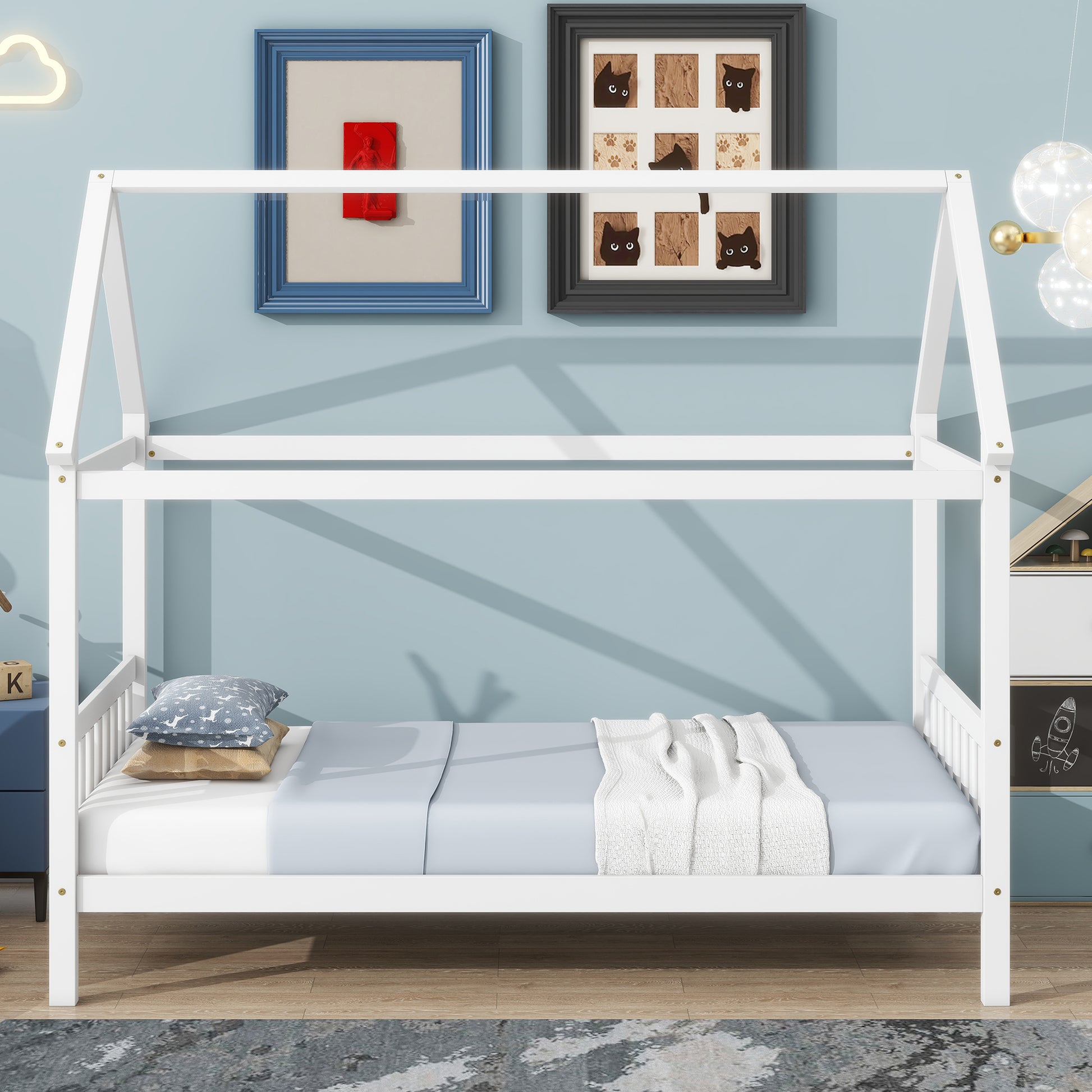 White wooden house bed frame with mattress and pillows