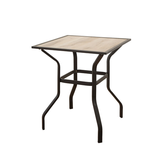 Square patio table with woodgrain laminate top and black metal frame