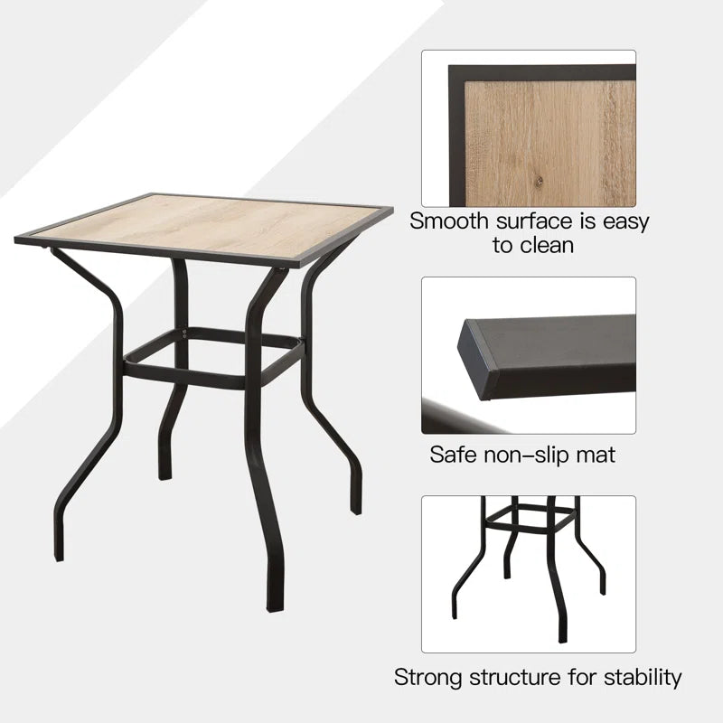 Square bistro table with woodgrain top and black metal frame