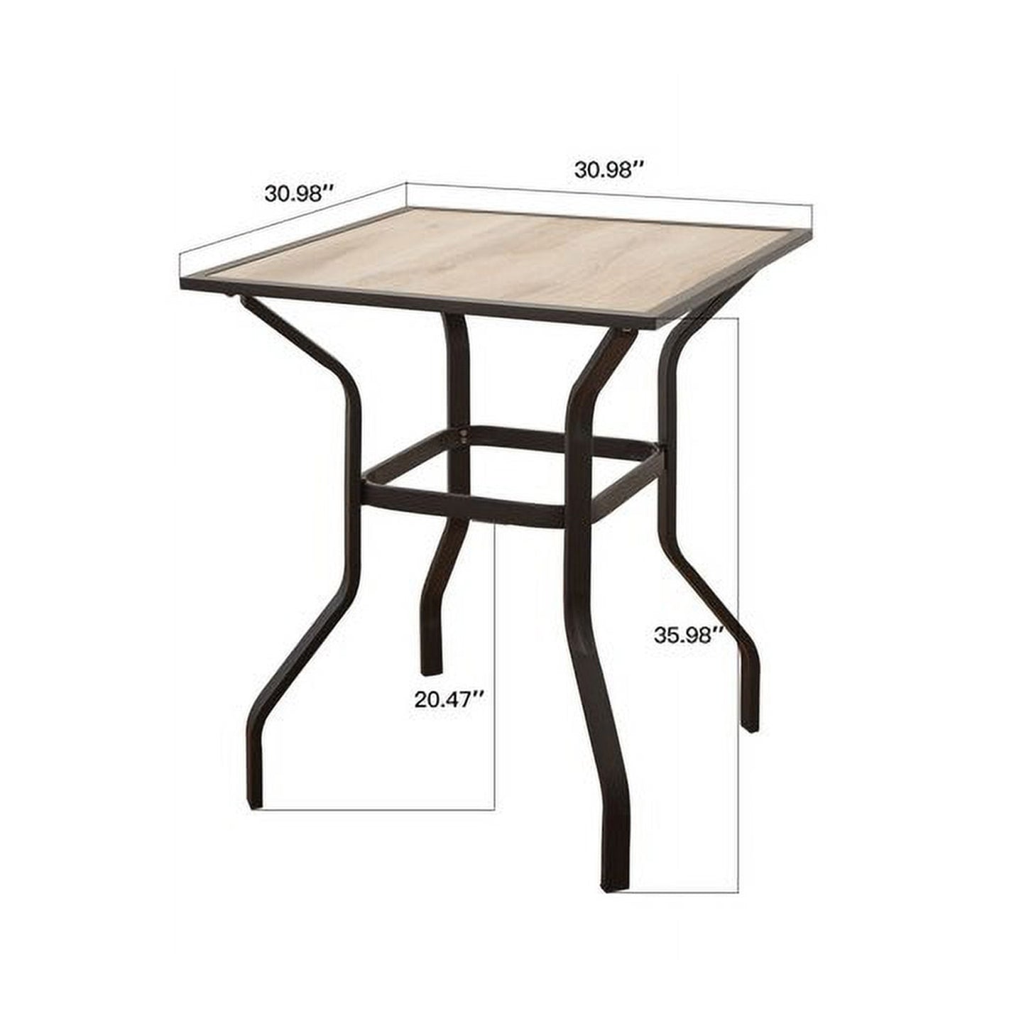 Square metal outdoor bistro table with woodgrain tabletop