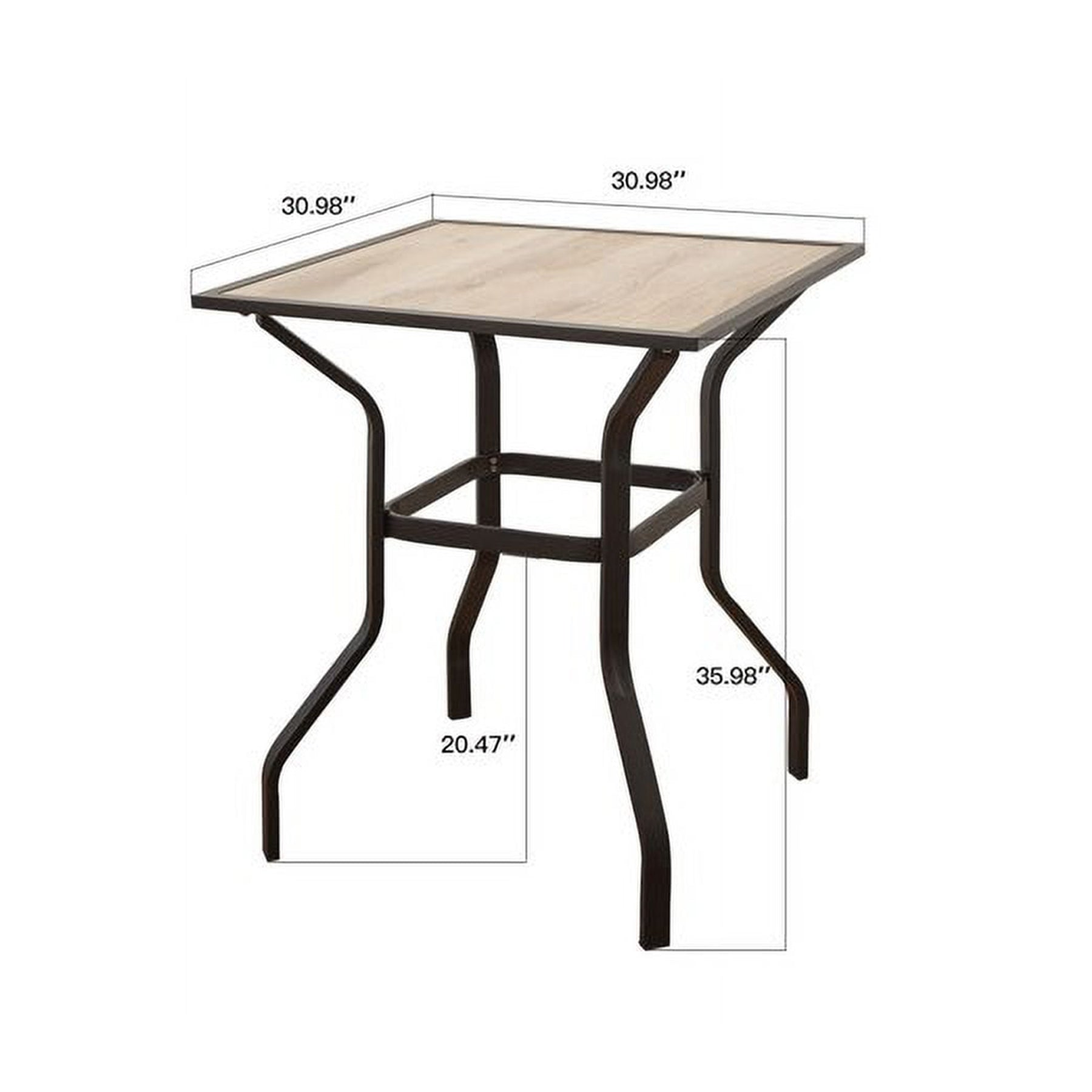 Square metal outdoor bistro table with woodgrain tabletop