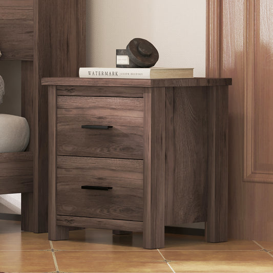 Dark wood nightstand with two drawers and minimalist black handles