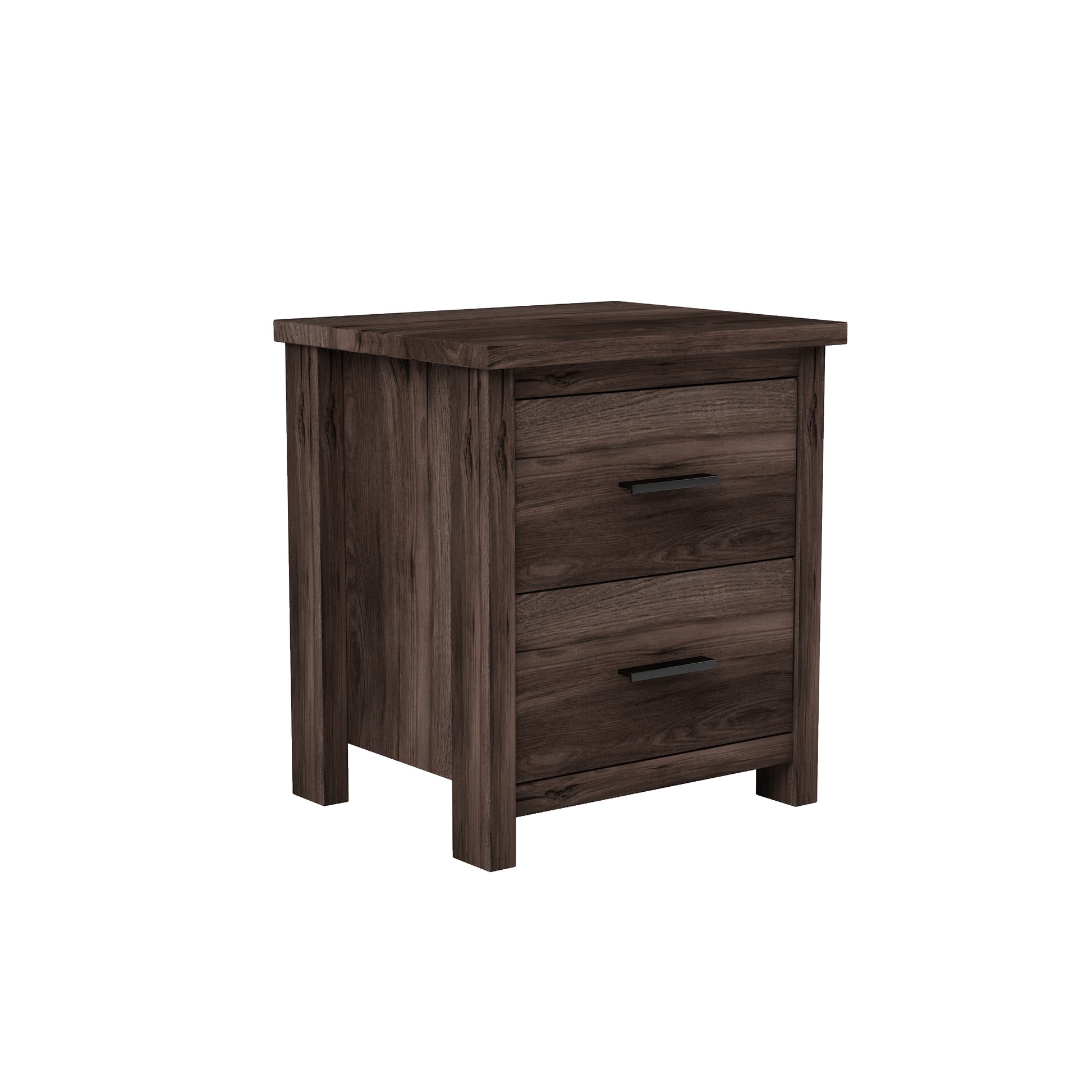Dark wood finish nightstand with two drawers and black handles