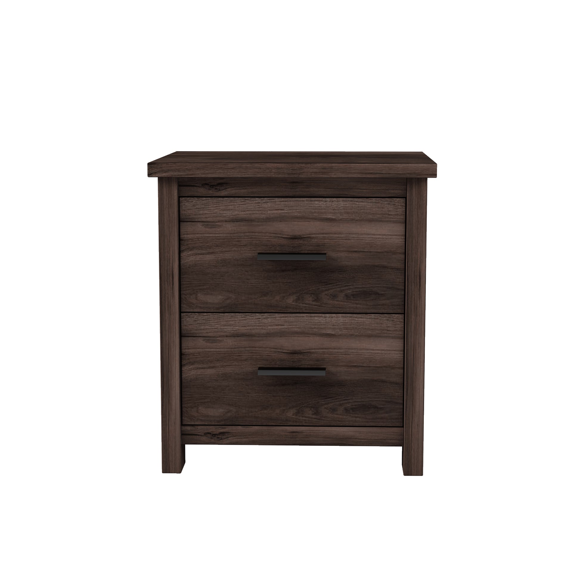 Dark wood veneer nightstand with two drawers and black pull handles