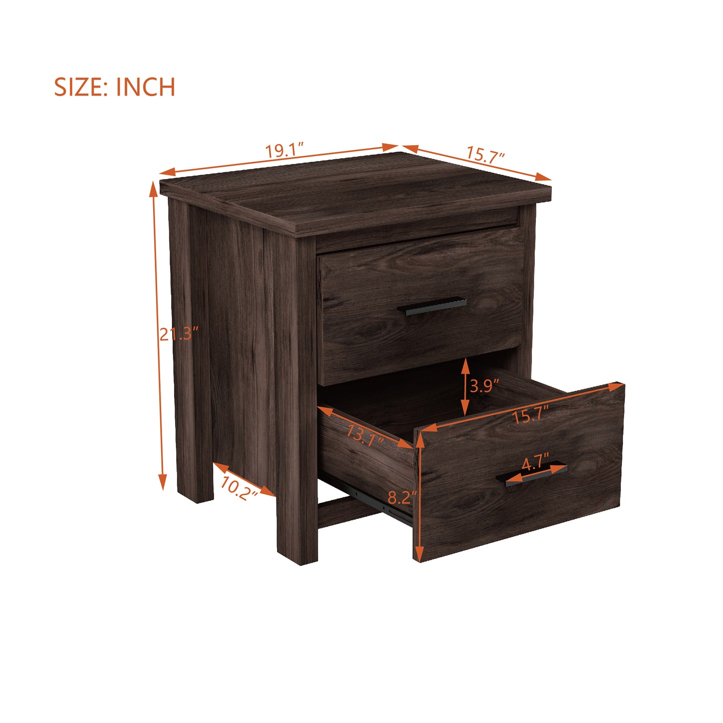 Dark brown wooden nightstand with two drawers and metal handles