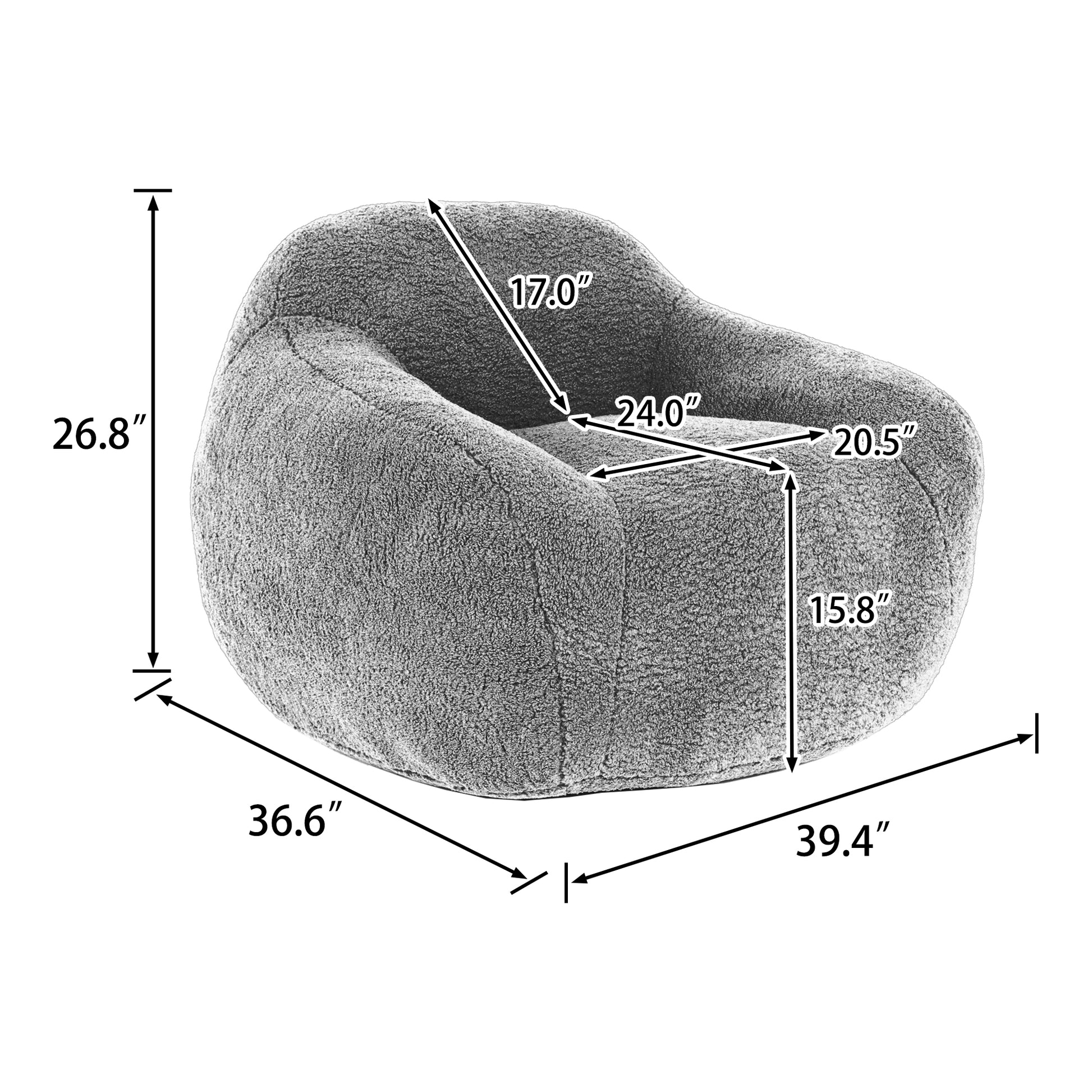 Fluffy gray bean bag chair with detailed dimensions