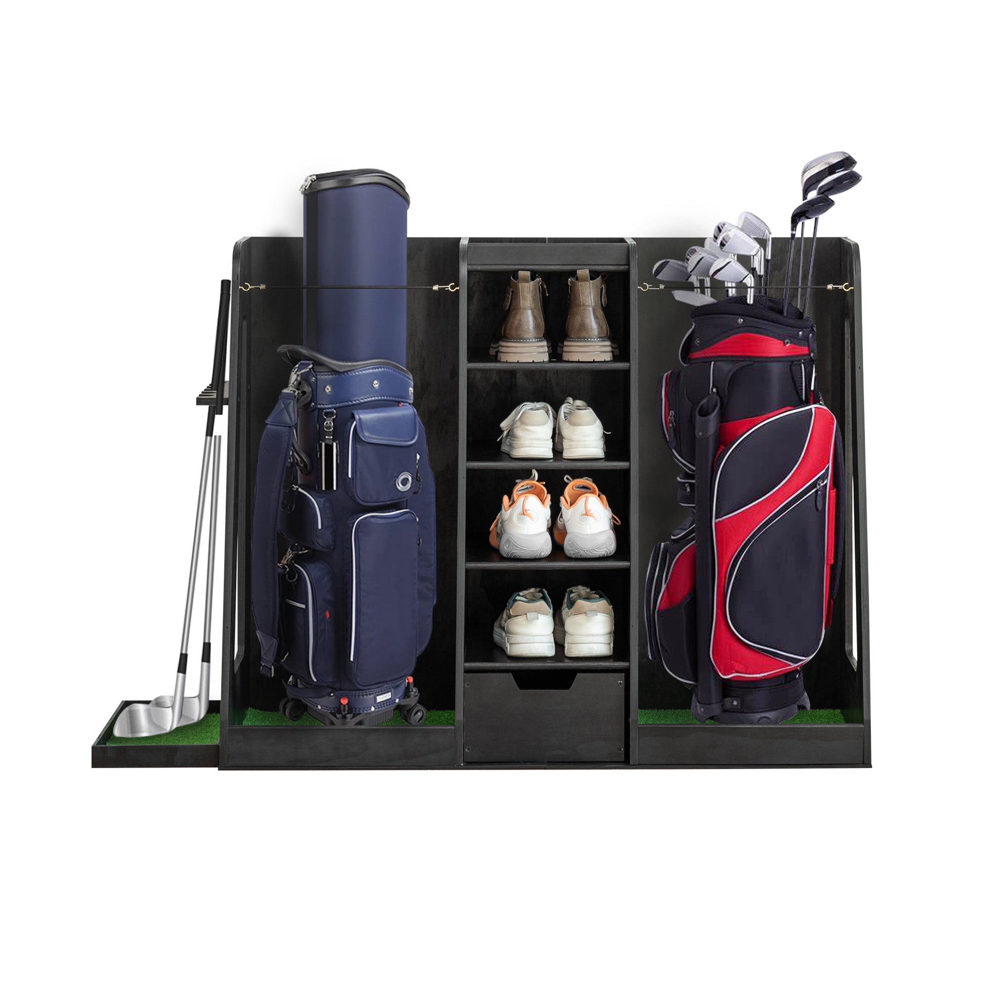 Navy blue golf bag with white trim and a wheeled base