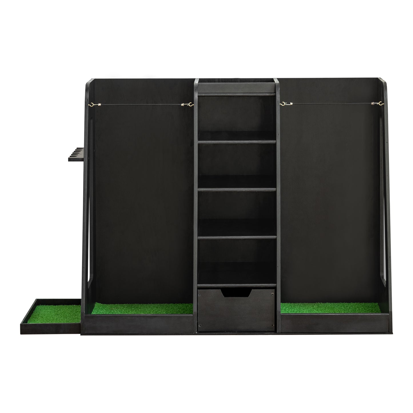 Black golf club organizer with faux grass and storage drawer