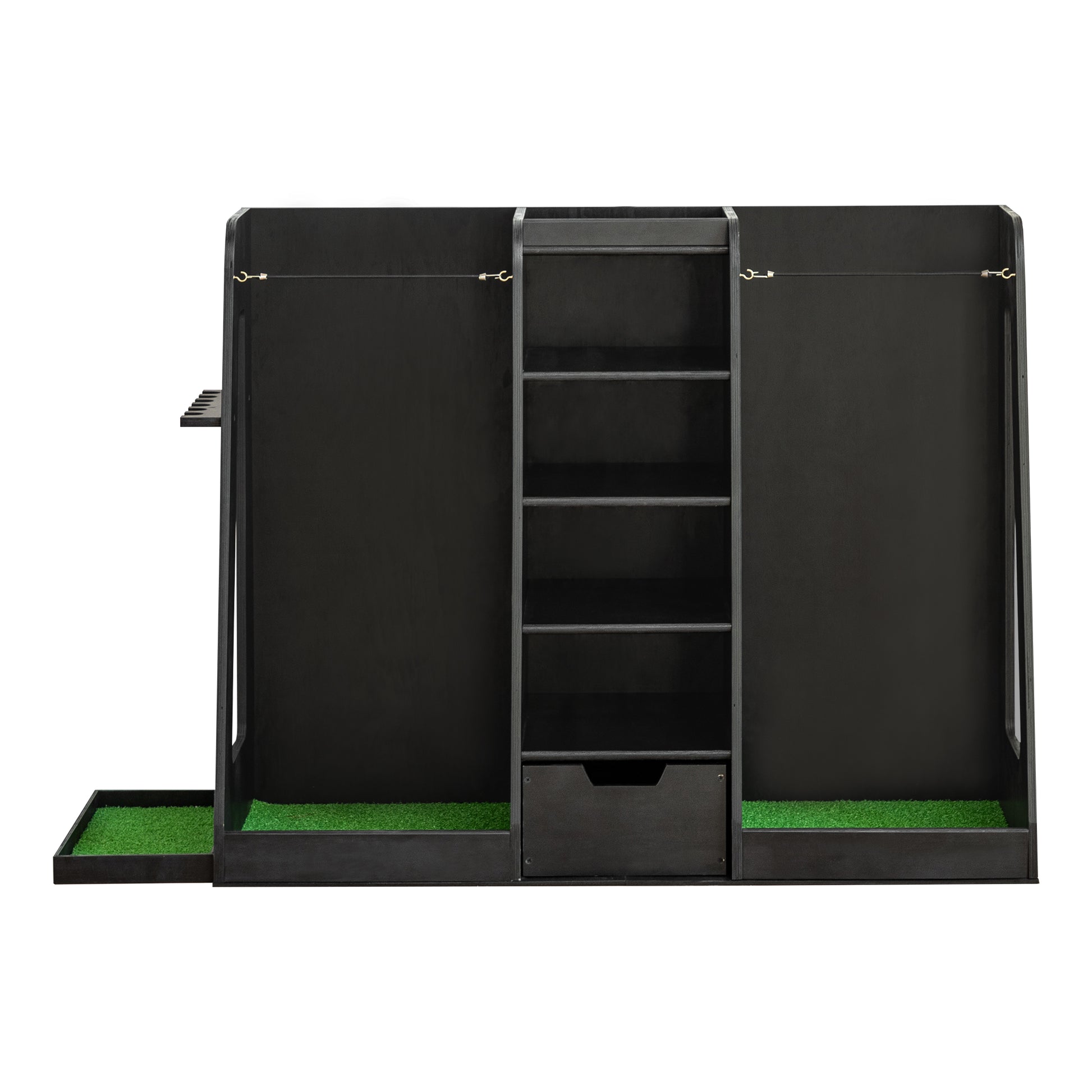 Black golf club organizer with faux grass and storage drawer