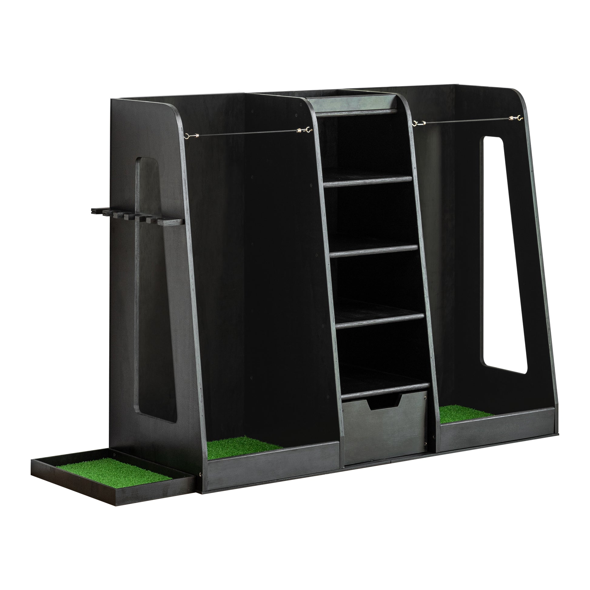 Black wooden golf club organizer with turflined compartments and pullout tray