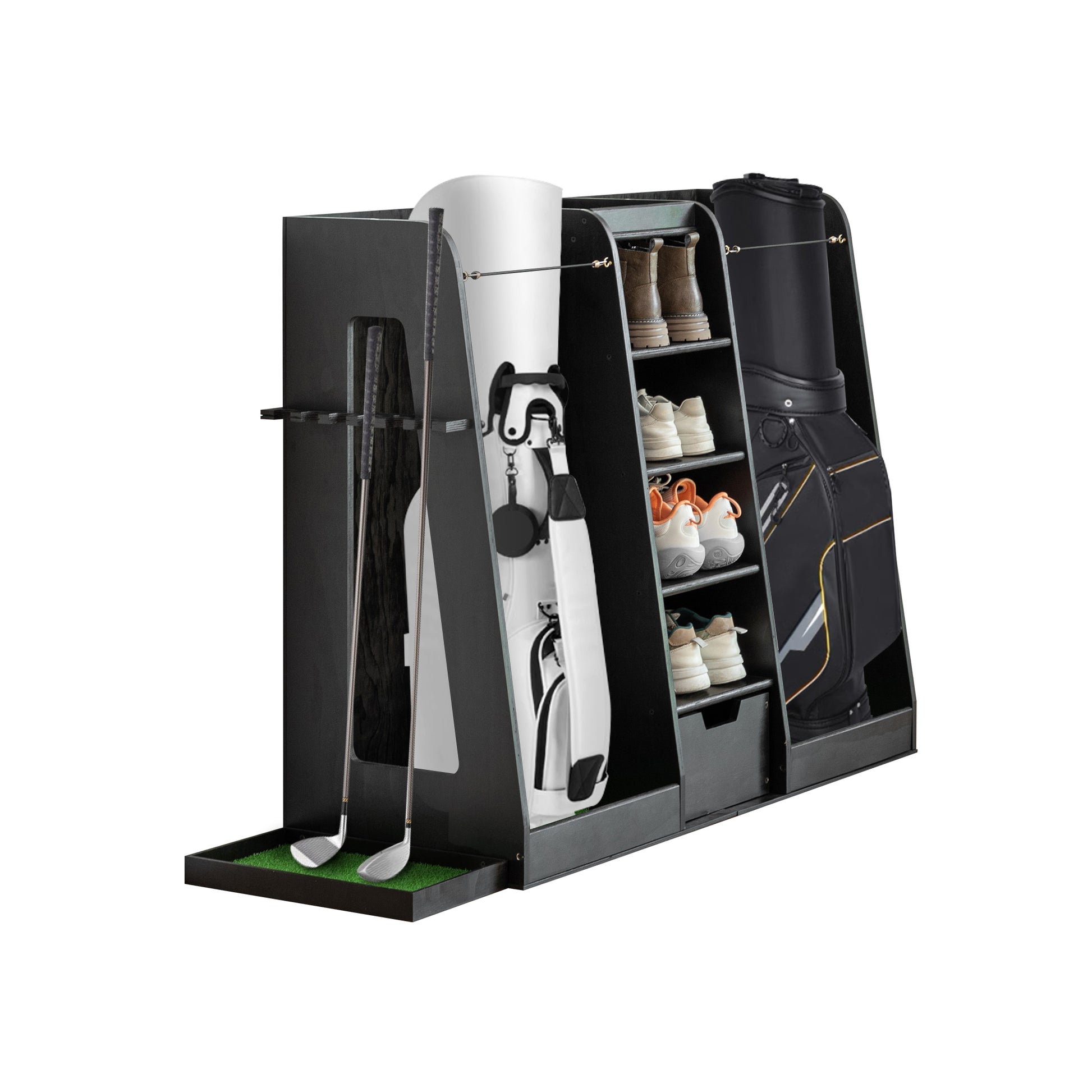 Black golf storage rack with white and black golf bags clubs and shoes