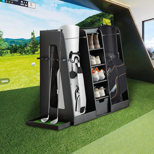 Black and gold golf bag with clubs and shoes organized in a storage rack
