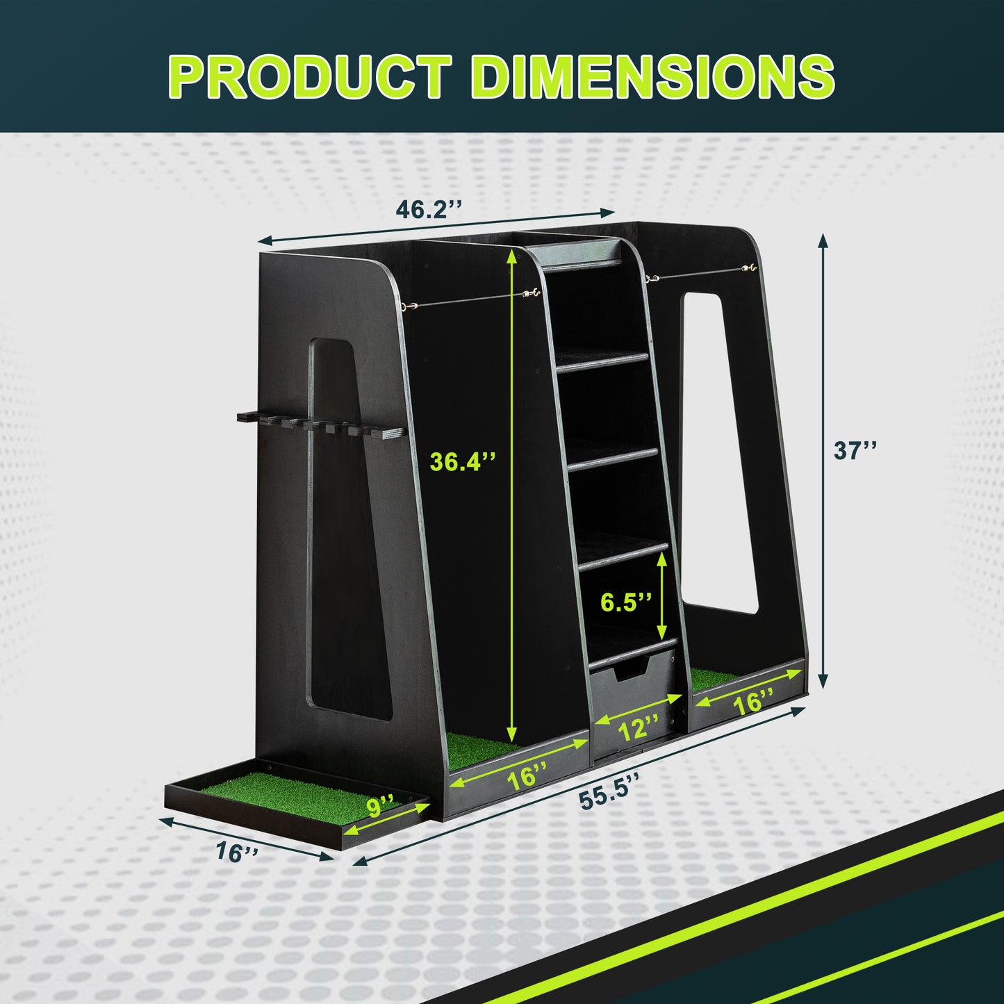 Black wooden golf club organizer with dimensions indicated
