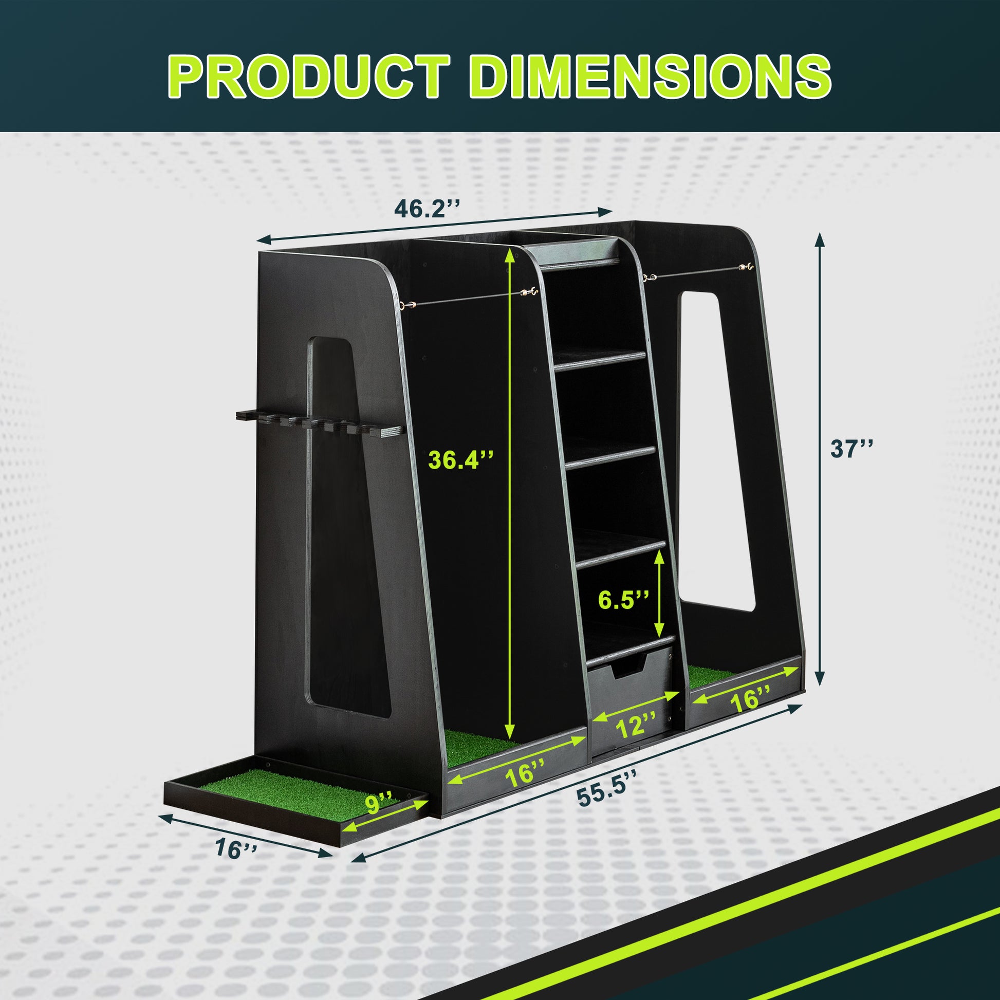 Black wooden golf club organizer with dimensions indicated