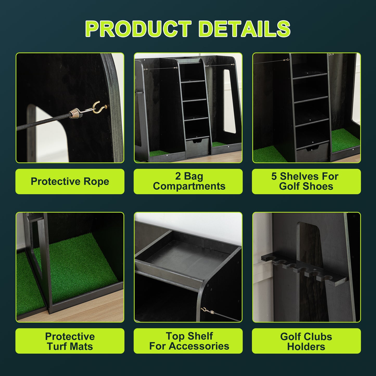Black wooden golf organizer with protective rope