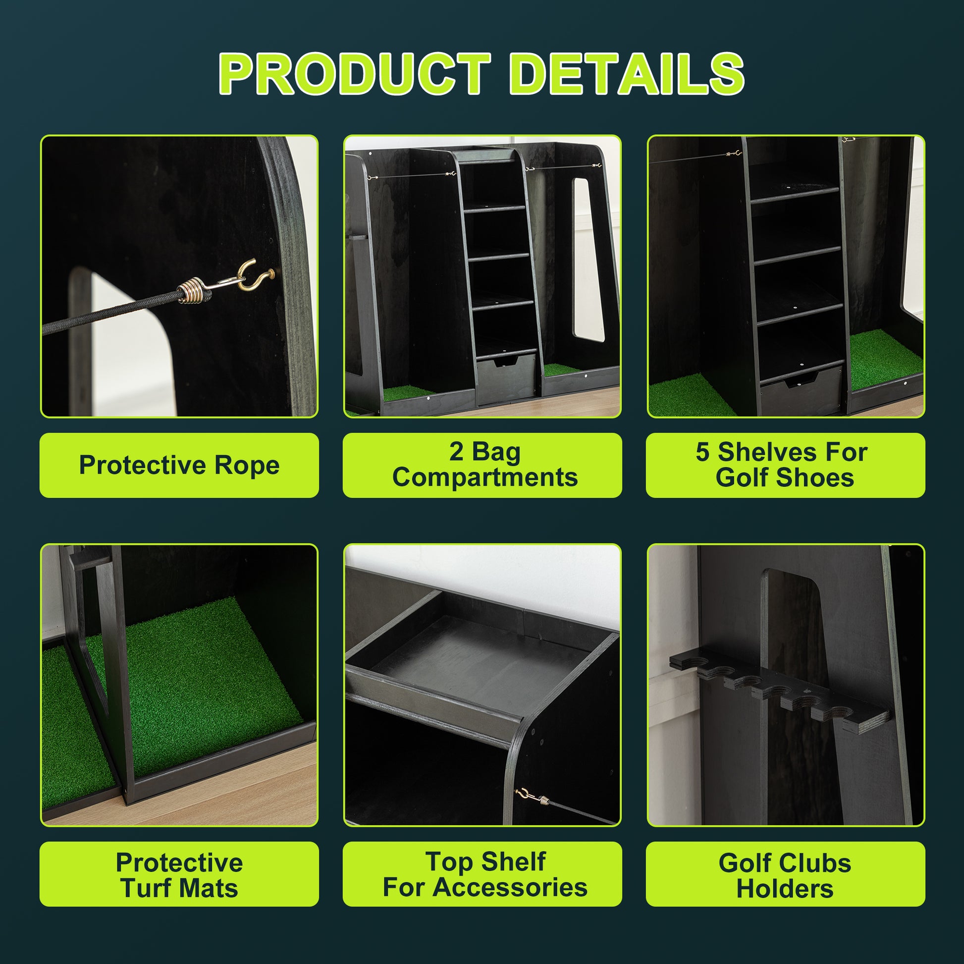 Black wooden golf organizer with protective rope