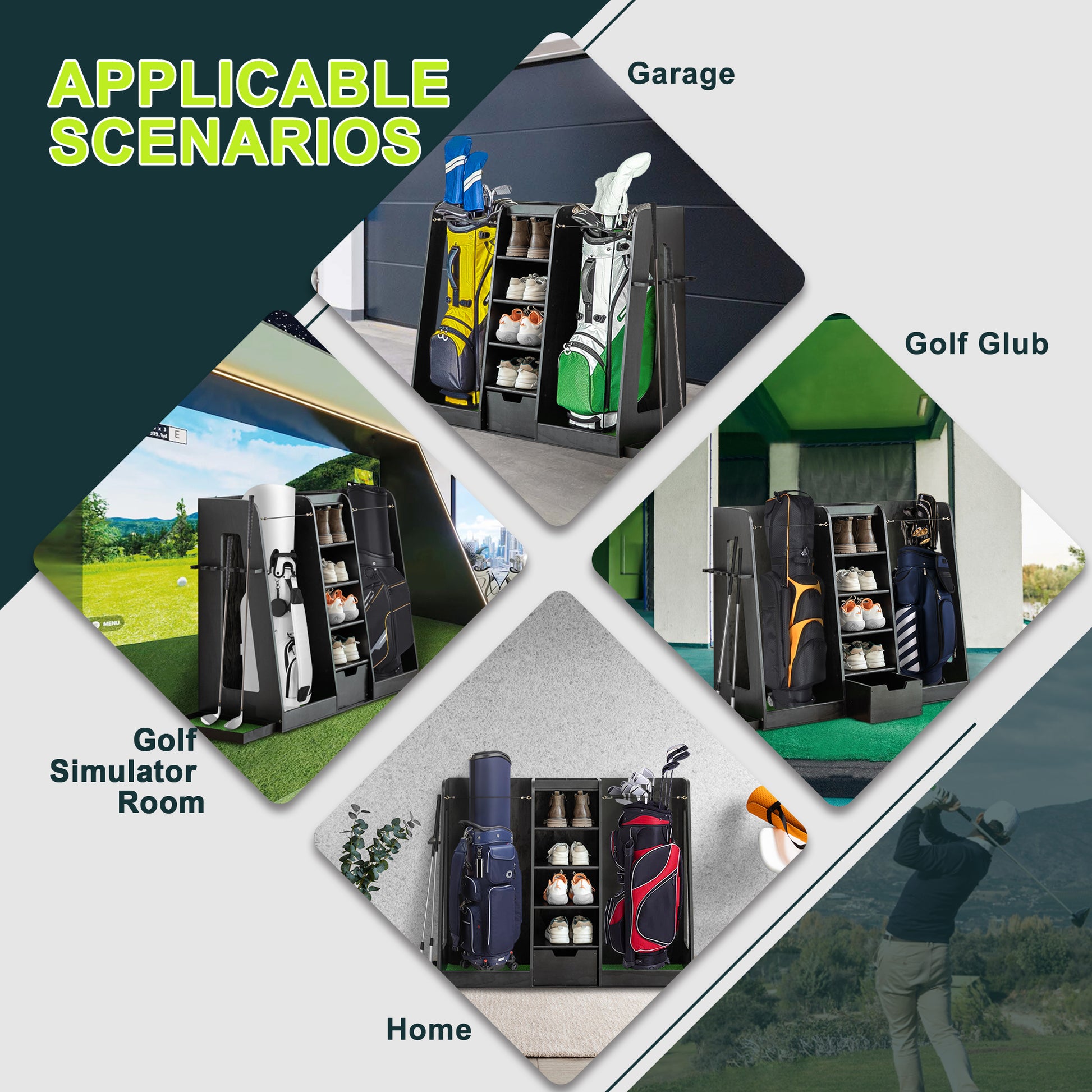 Black golf bag rack with yellow and green golf bags and shoes in a garage