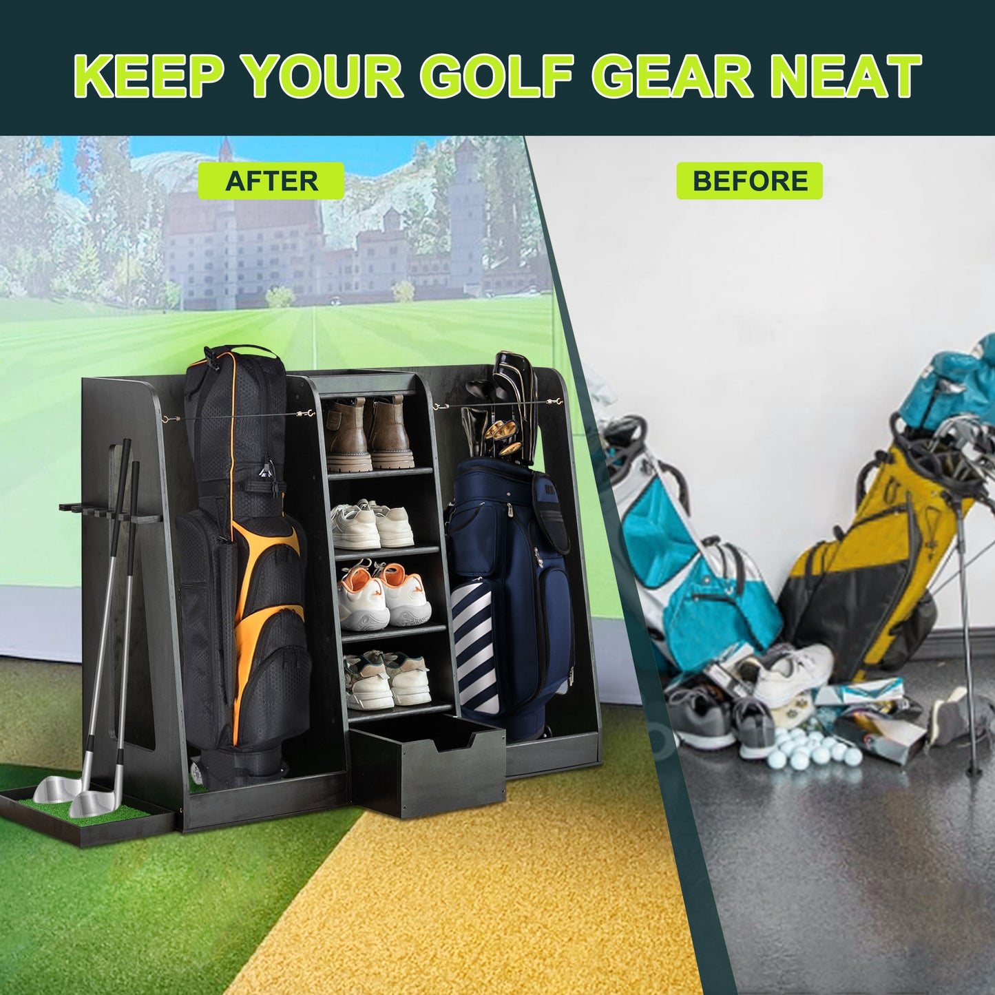 Black golf bag with orange accents on organizer