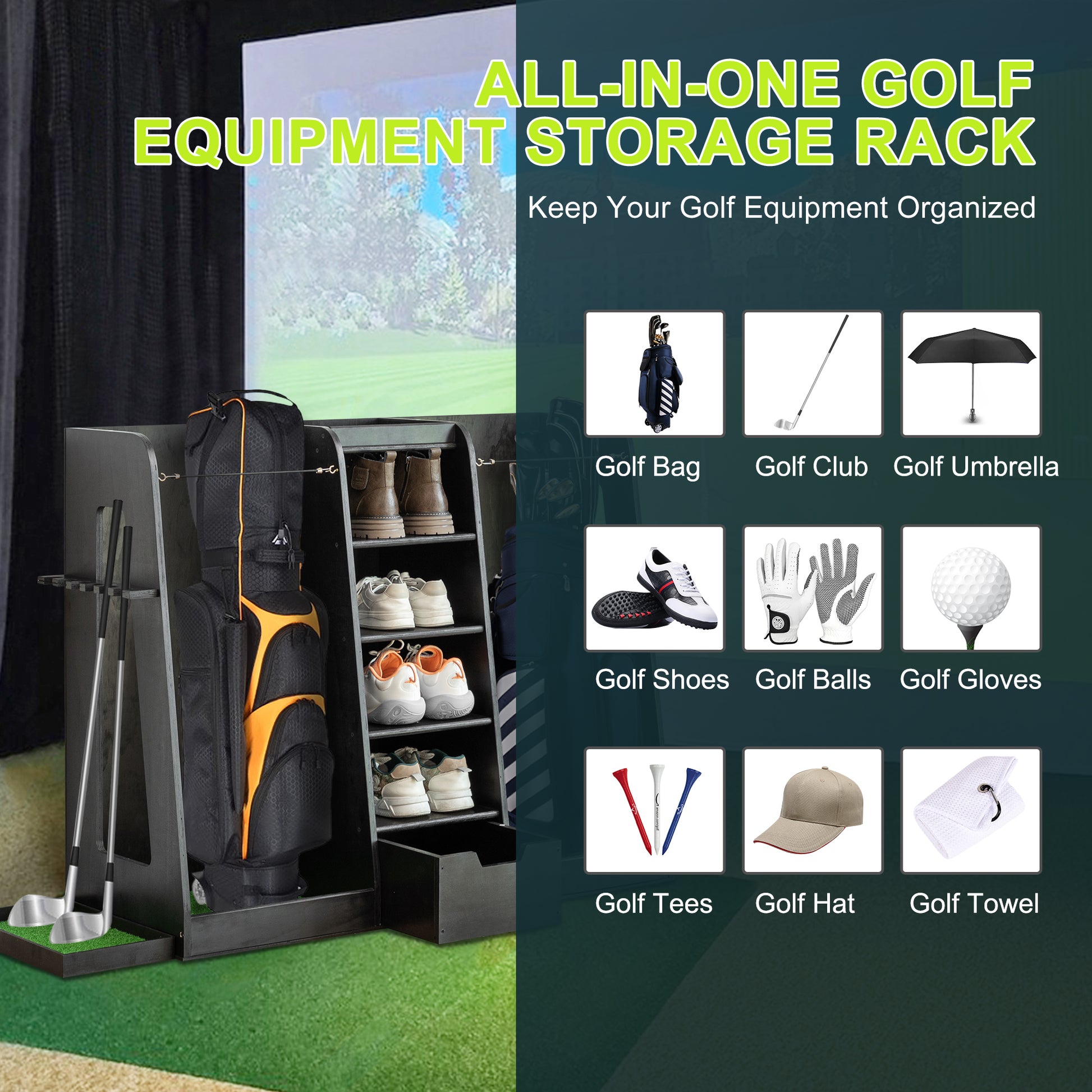 Black and orange golf bag with clubs