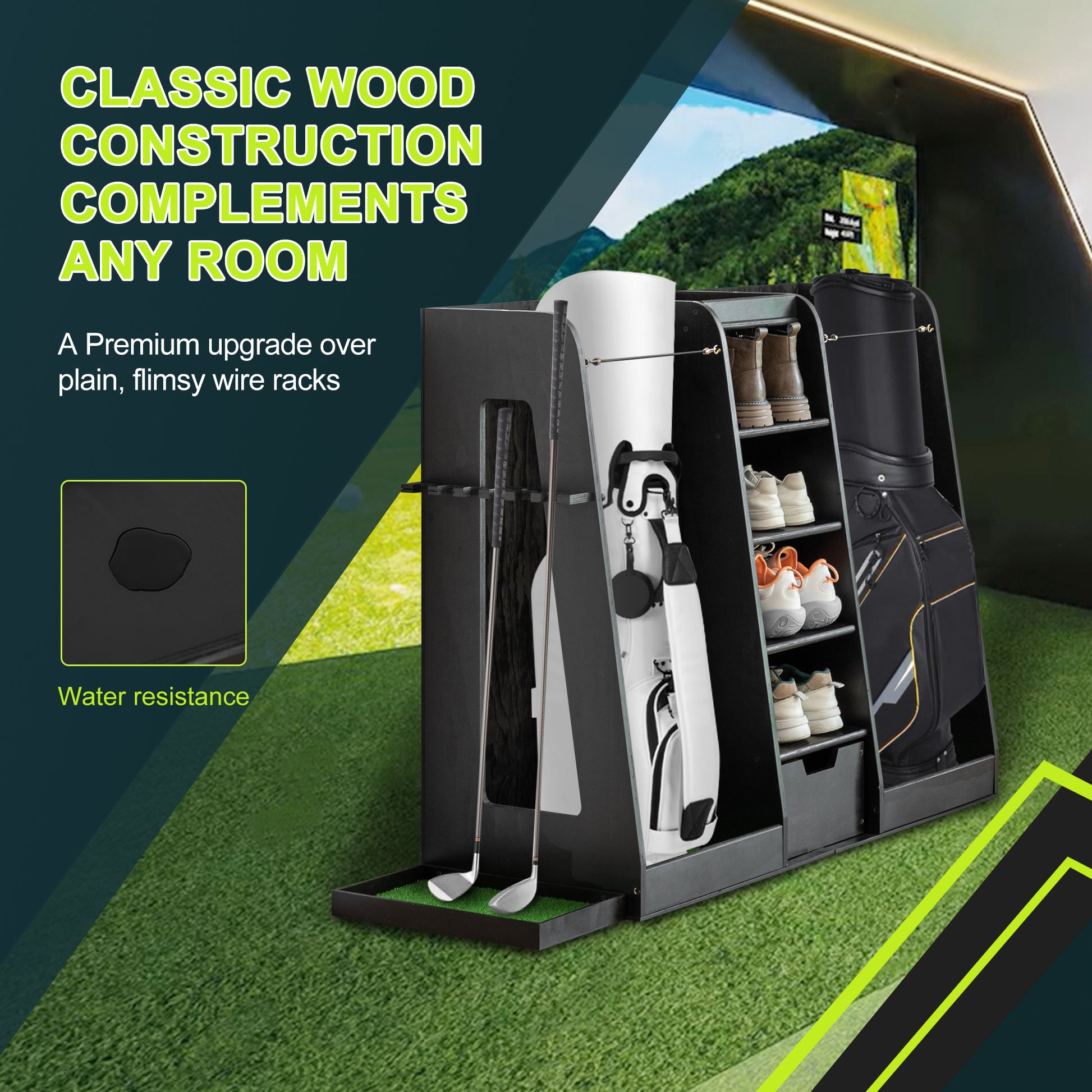 Black golf bag and golf clubs neatly stored in a wooden rack