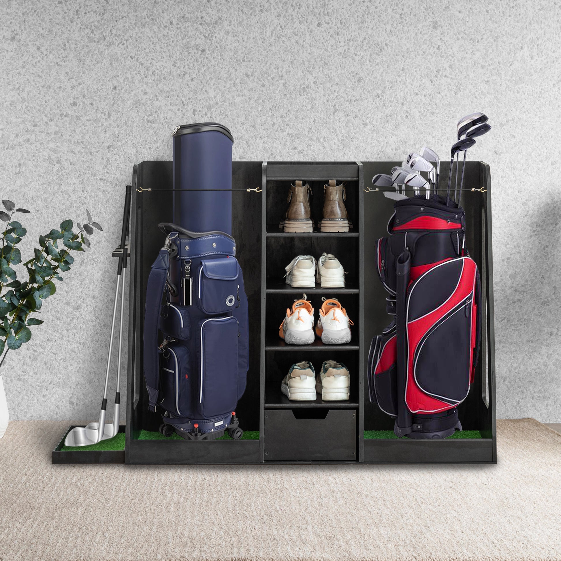 Navy blue golf bag with white trim on synthetic turf