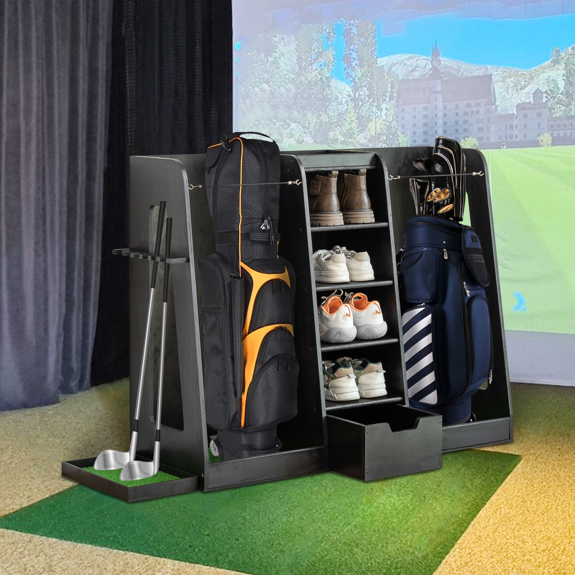 Black and orange golf bag with honeycomb texture golf bag storage solution