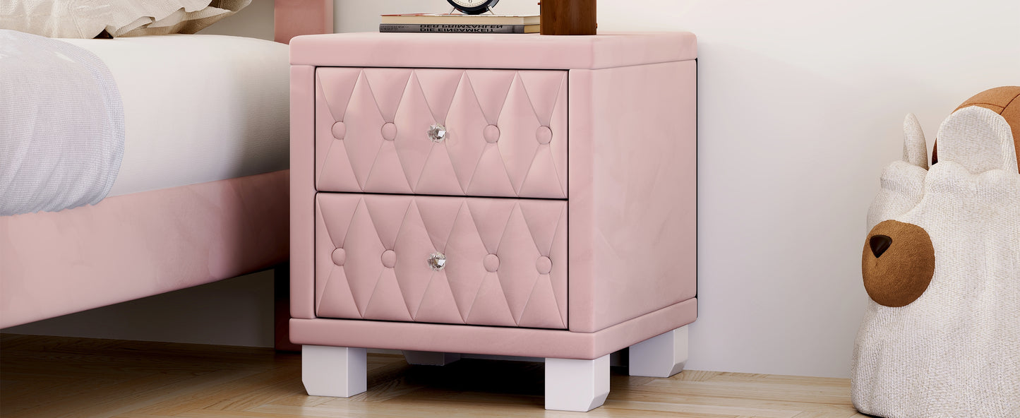 Pink velvet nightstand with diamond tufting and crystal knobs
