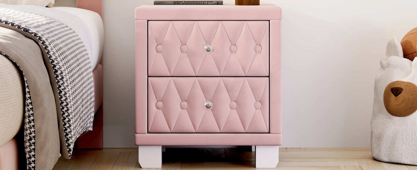 Dusty rose velvet nightstand with crystal knobs and tufted diamond pattern