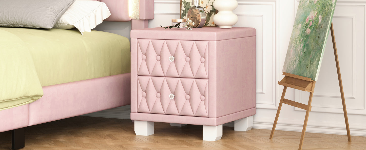Pink velvet tufted nightstand with crystal knobs