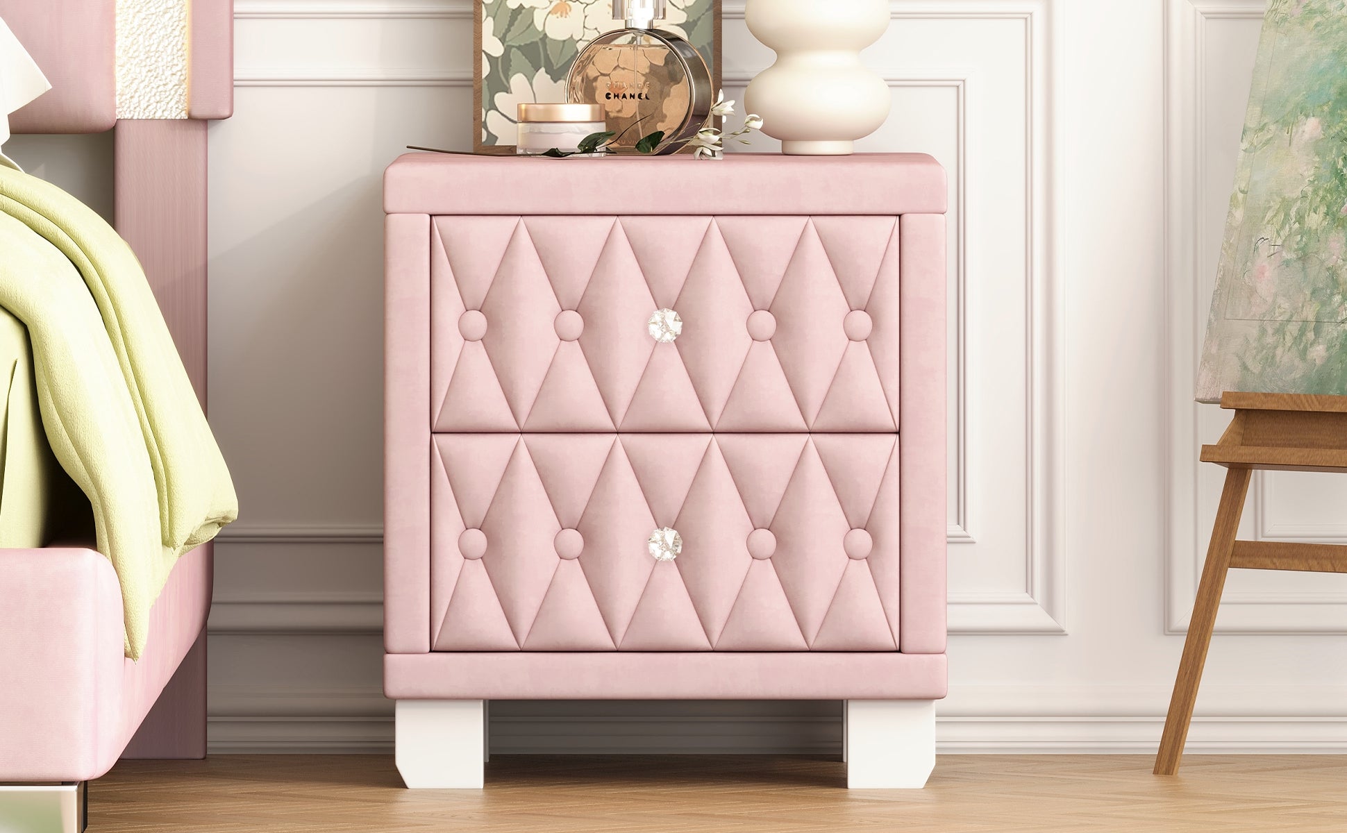 Pink velvet tufted nightstand with crystal knobs a glamorous bedroom accent