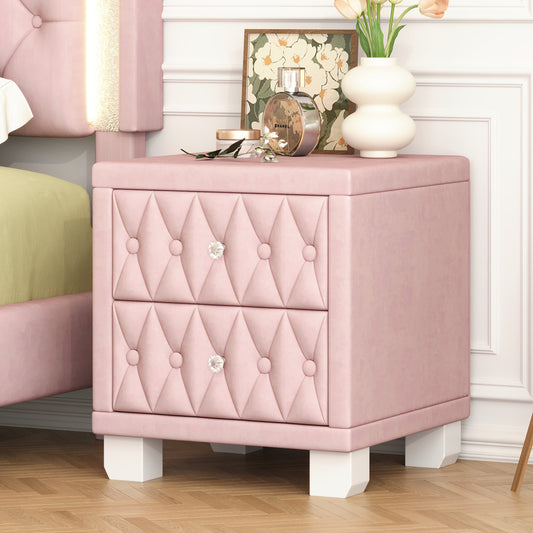 Pink velvet tufted nightstand with crystal knobs and two drawers