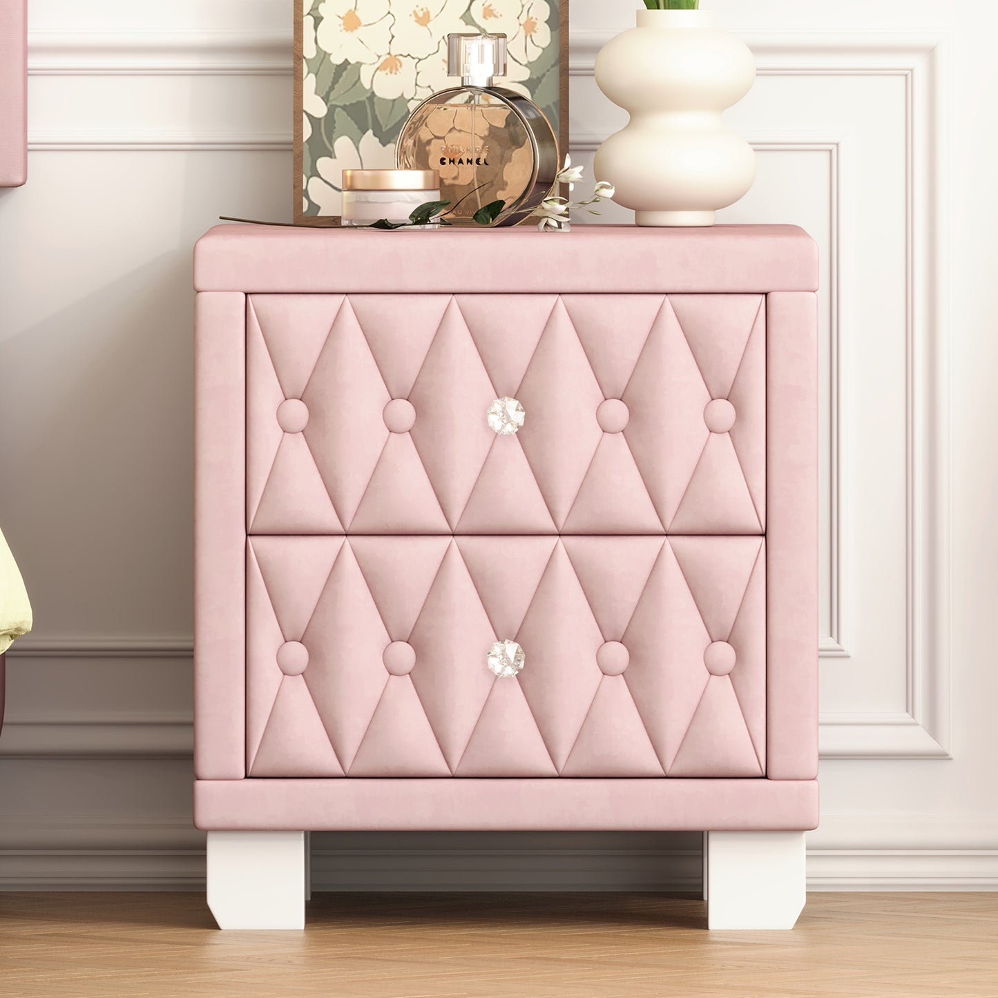 Pink velvet tufted nightstand with crystal knob