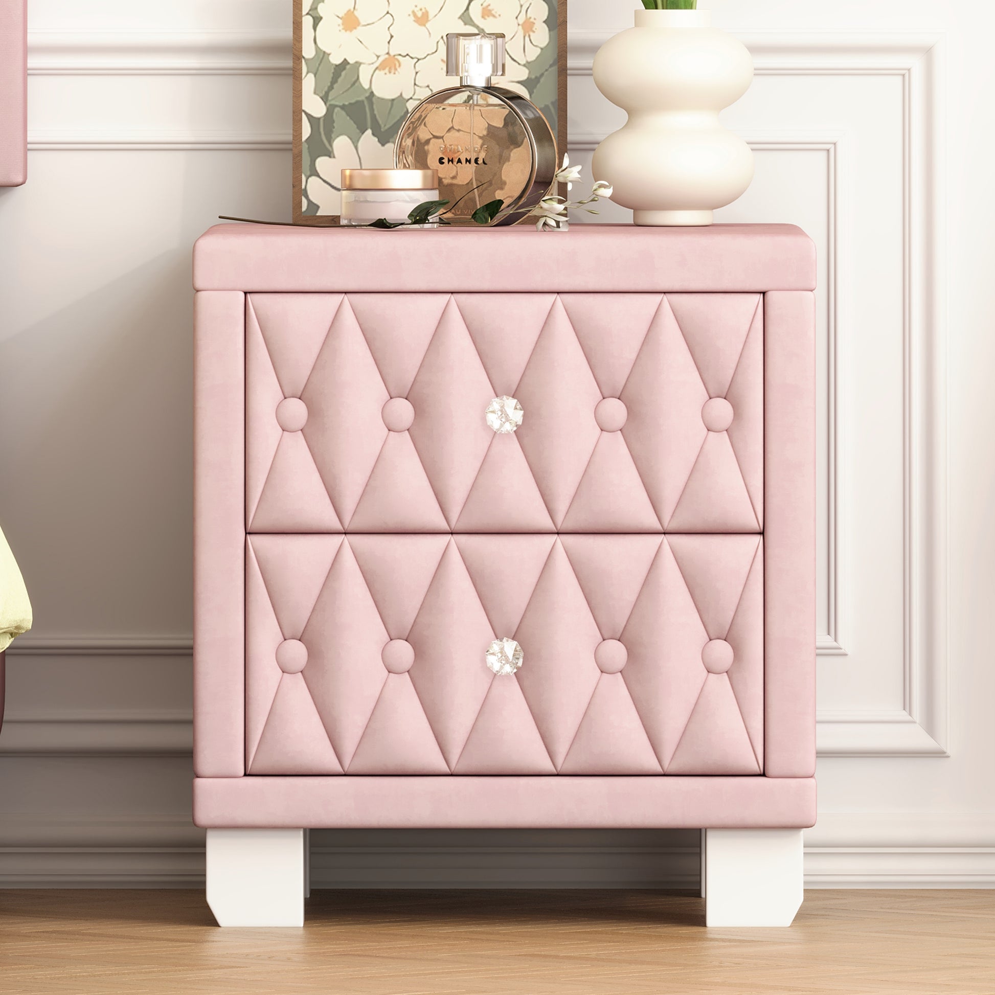 Pink velvet tufted nightstand with crystal knob