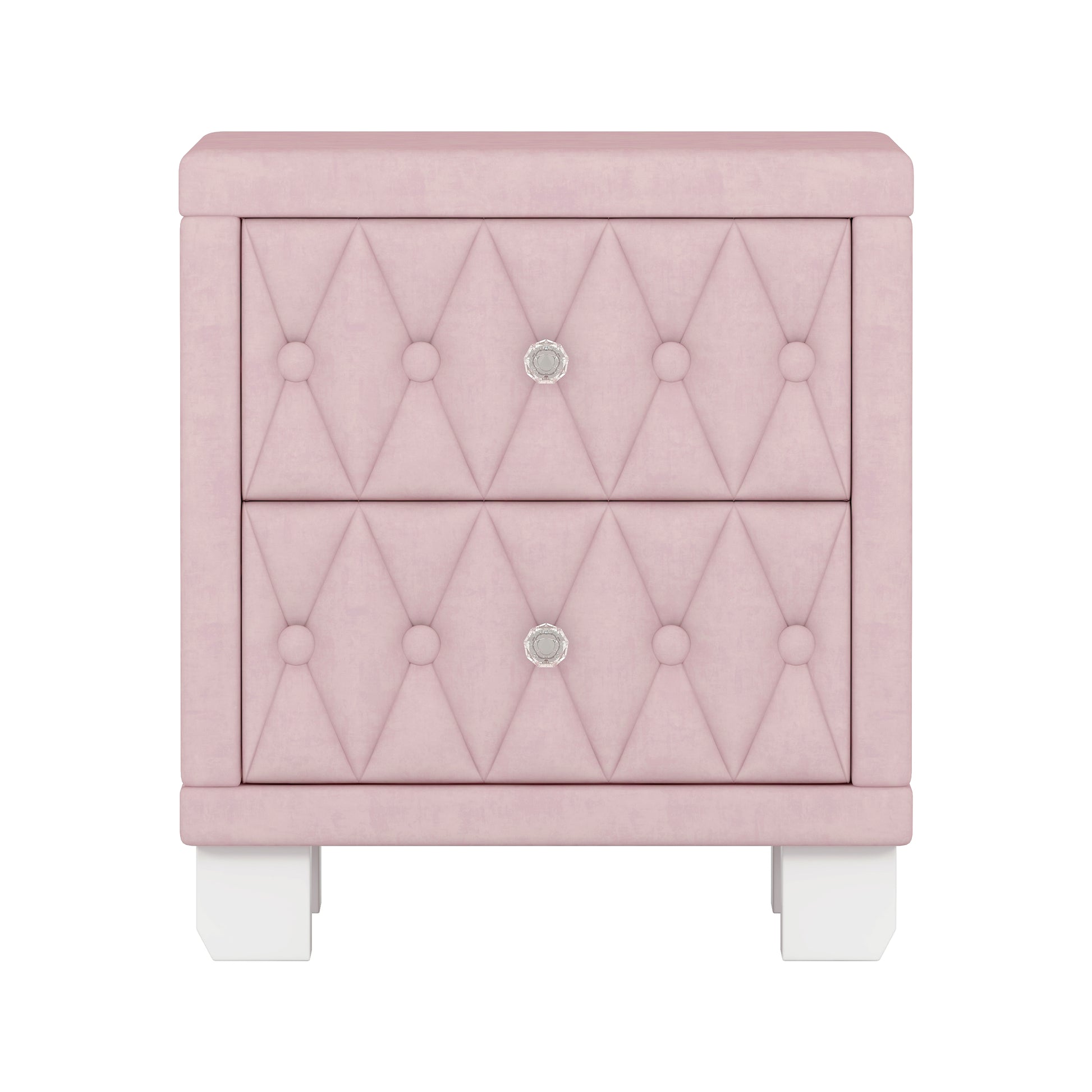 Pink velvet tufted nightstand with crystal knob and white legs