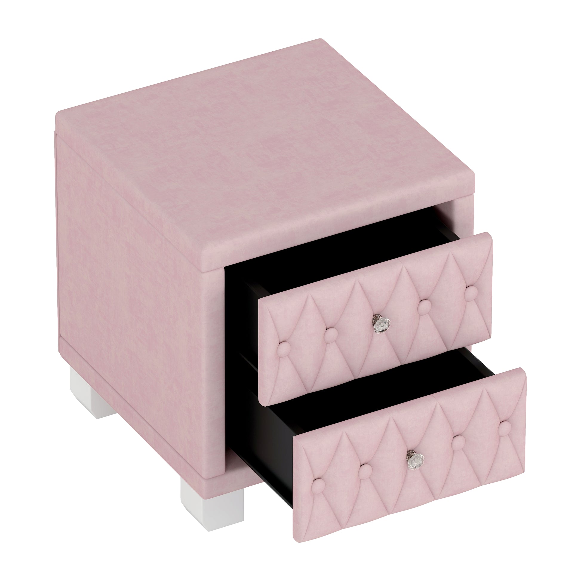 Pink velvet upholstered nightstand with two tufted drawers and crystal knobs