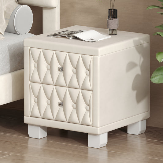 Cream upholstered nightstand with diamond tufting and crystal knobs