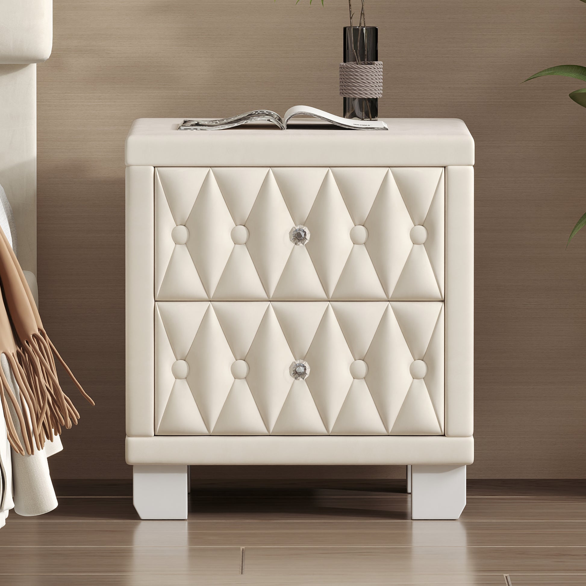 Cream tufted velvet nightstand with crystal knobs and two drawers