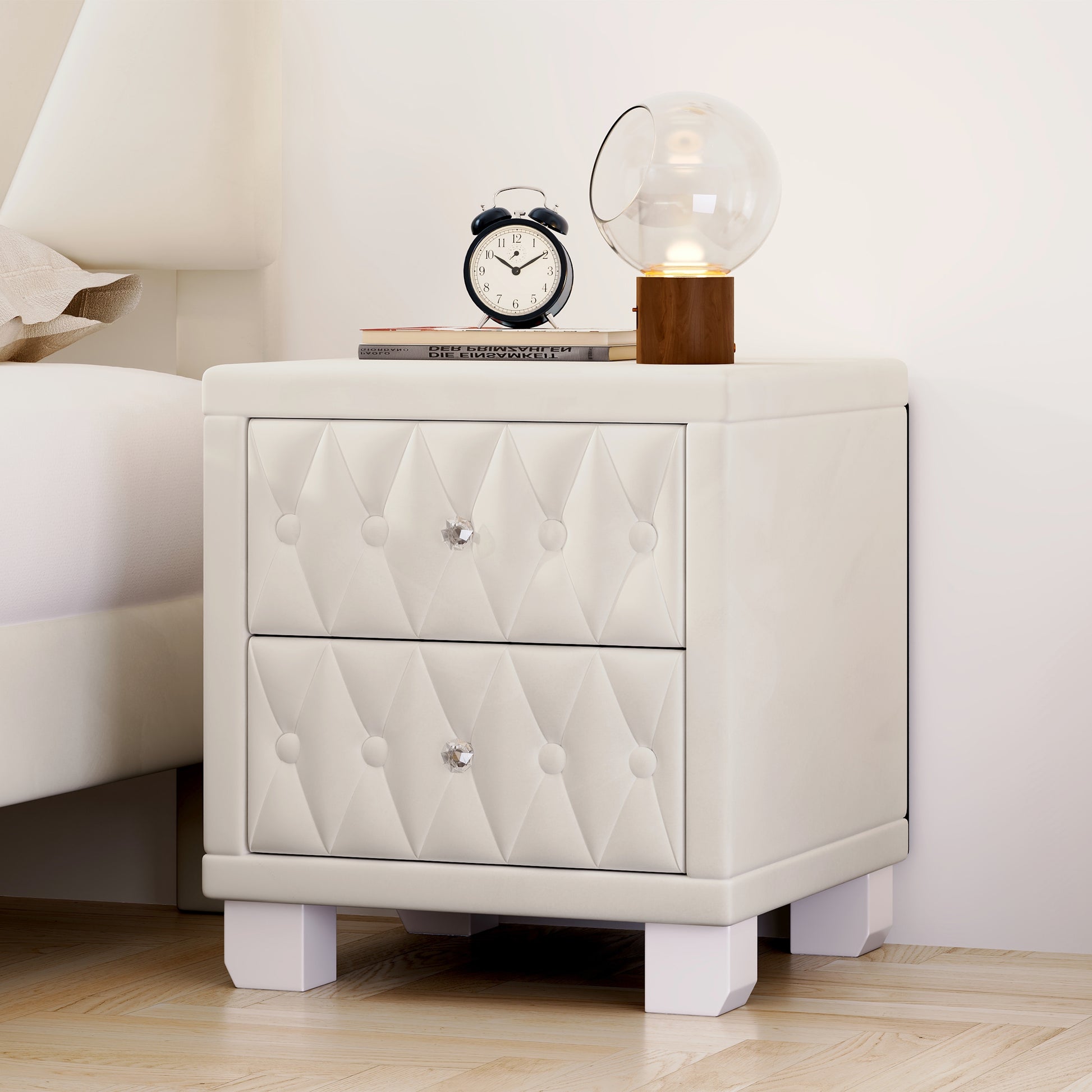 White tufted nightstand with diamond crystal knobs