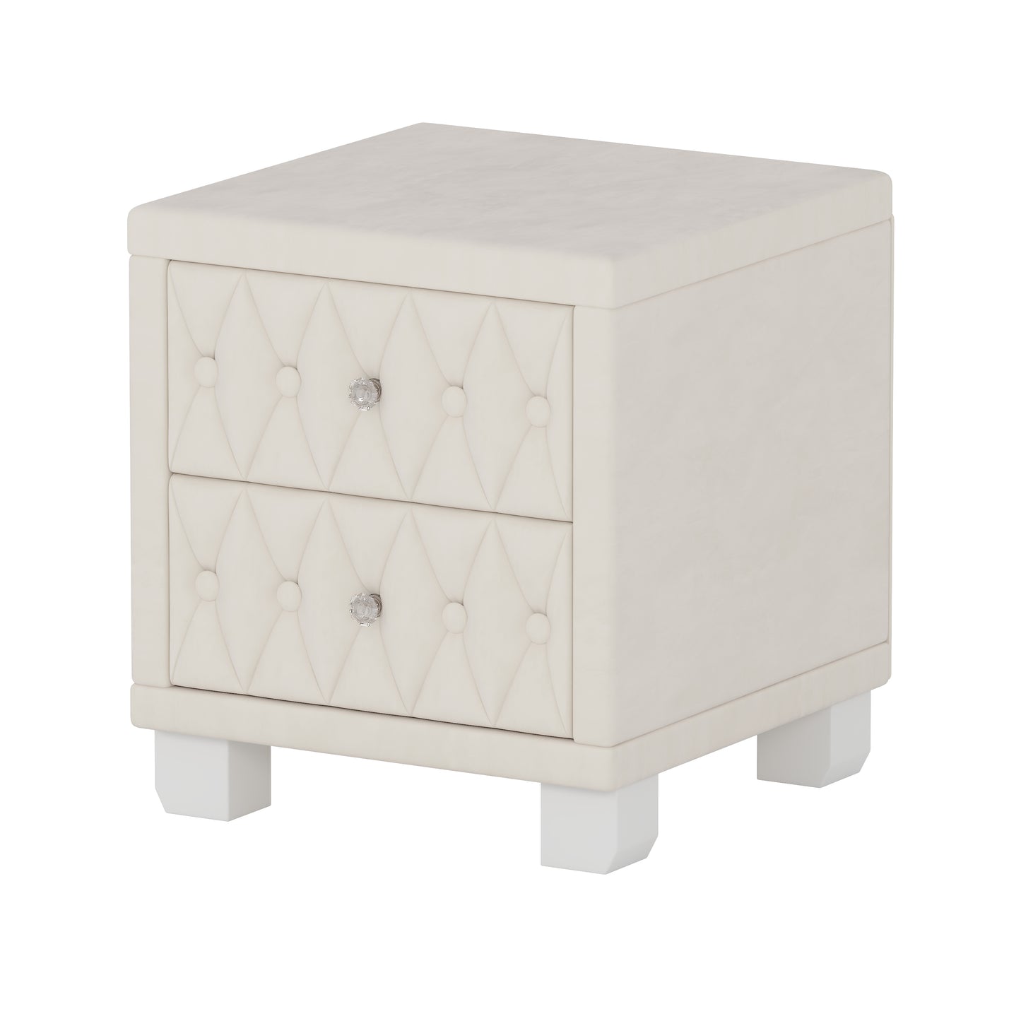 Cream velvet tufted nightstand with crystal knobs and white legs