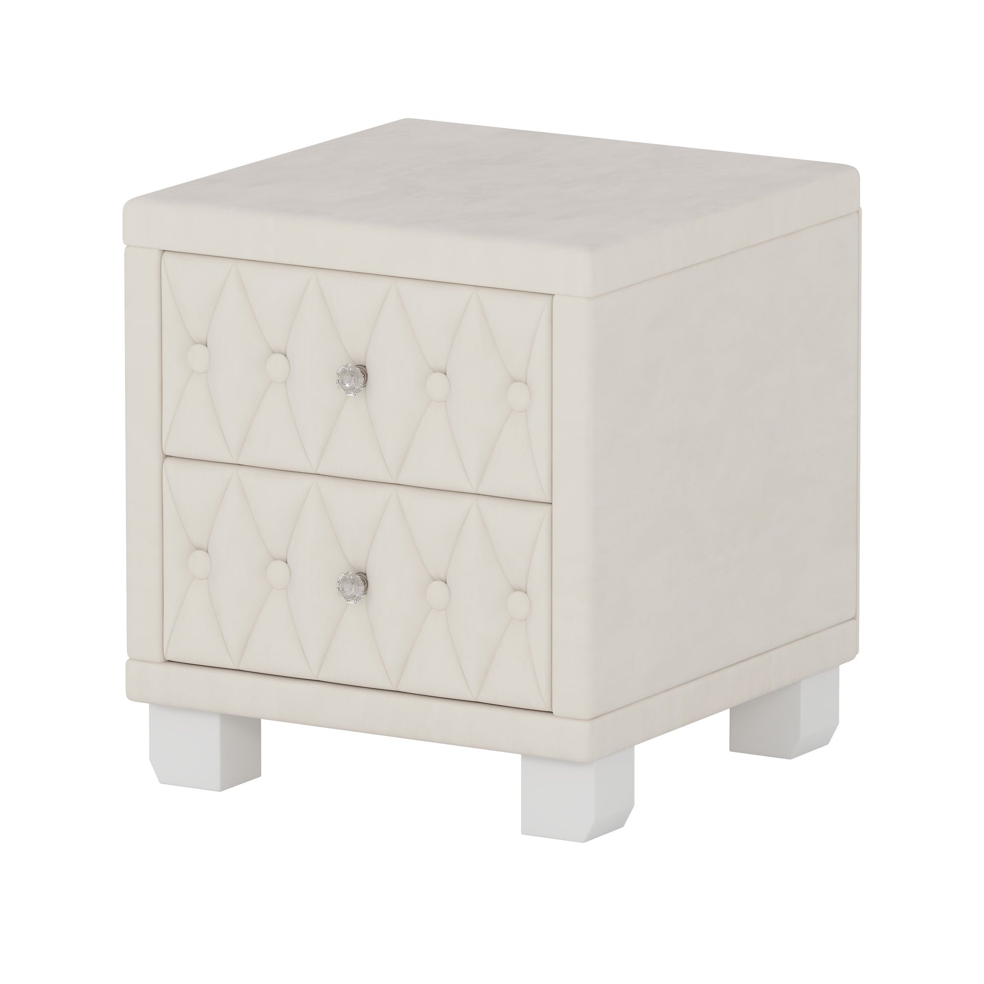 Cream velvet tufted nightstand with crystal knobs and white legs