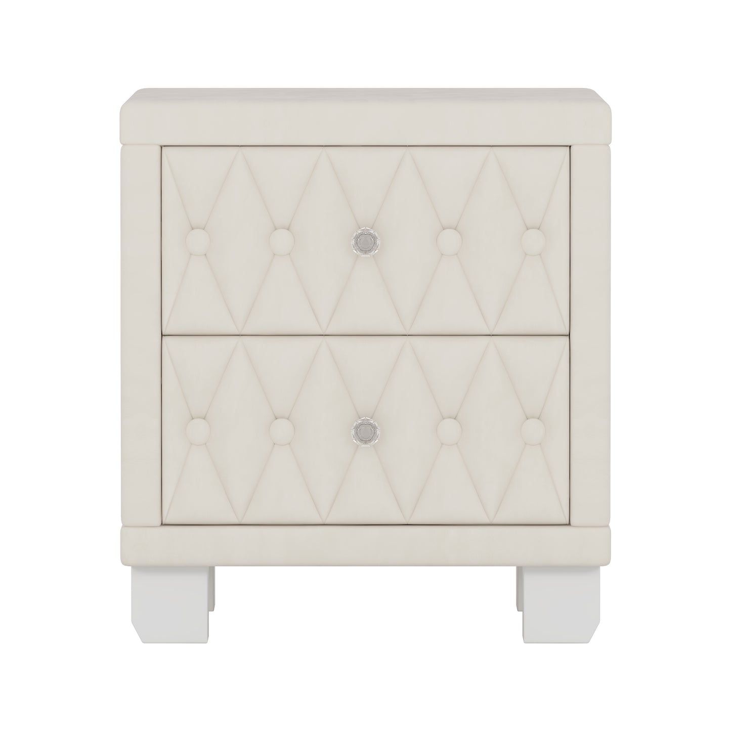 Cream velvet tufted nightstand with two drawers and crystal knobs