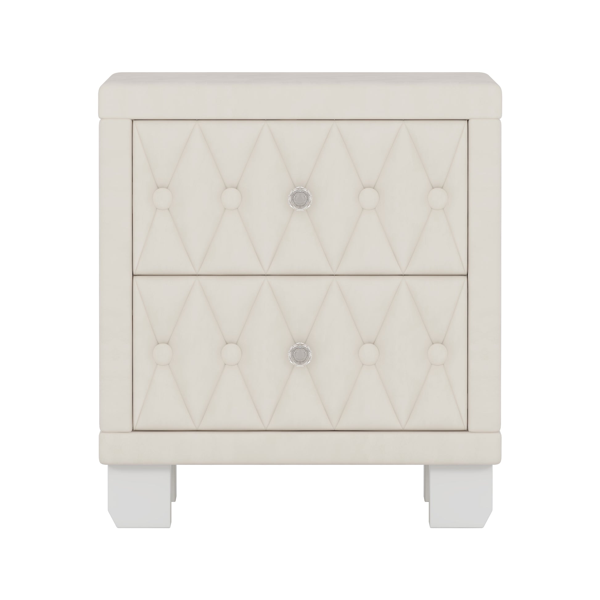 Cream velvet tufted nightstand with two drawers and crystal knobs