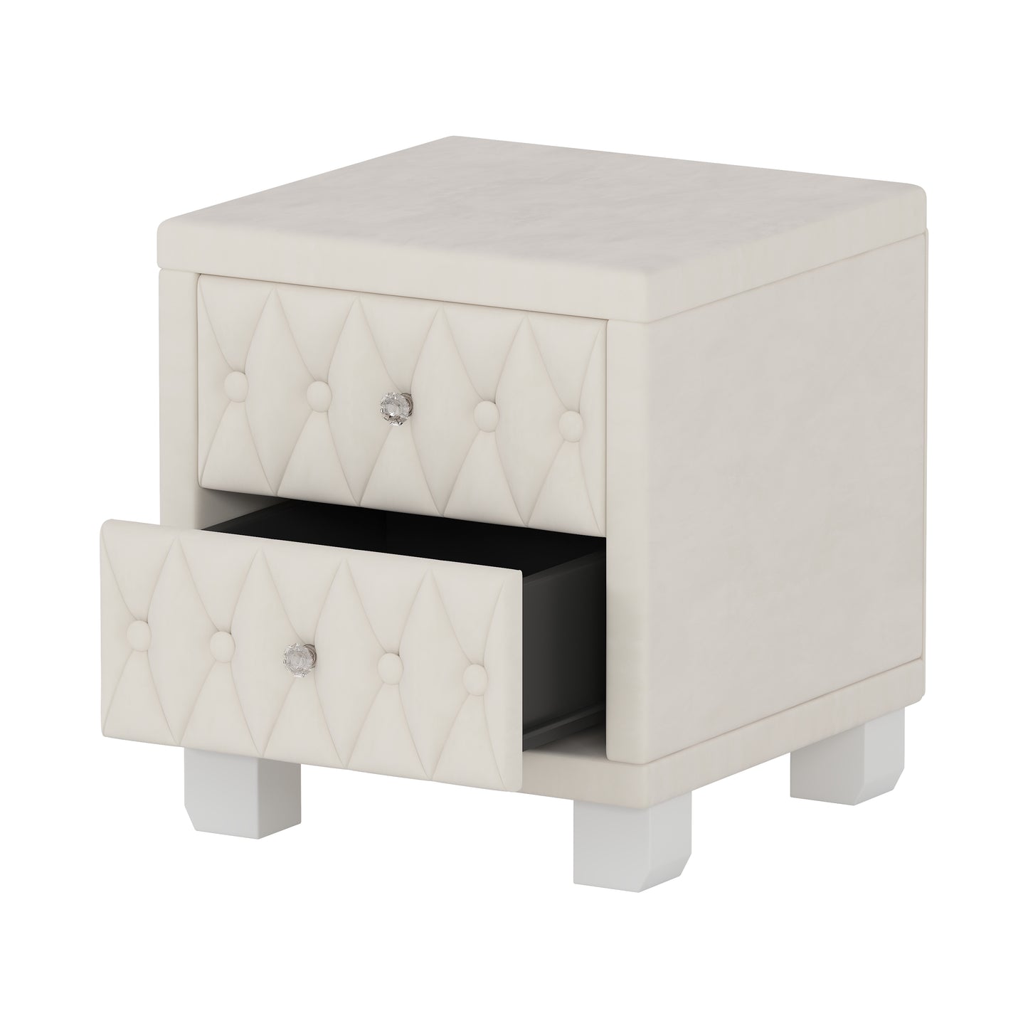Cream velvet nightstand with tufted drawers and crystal knobs