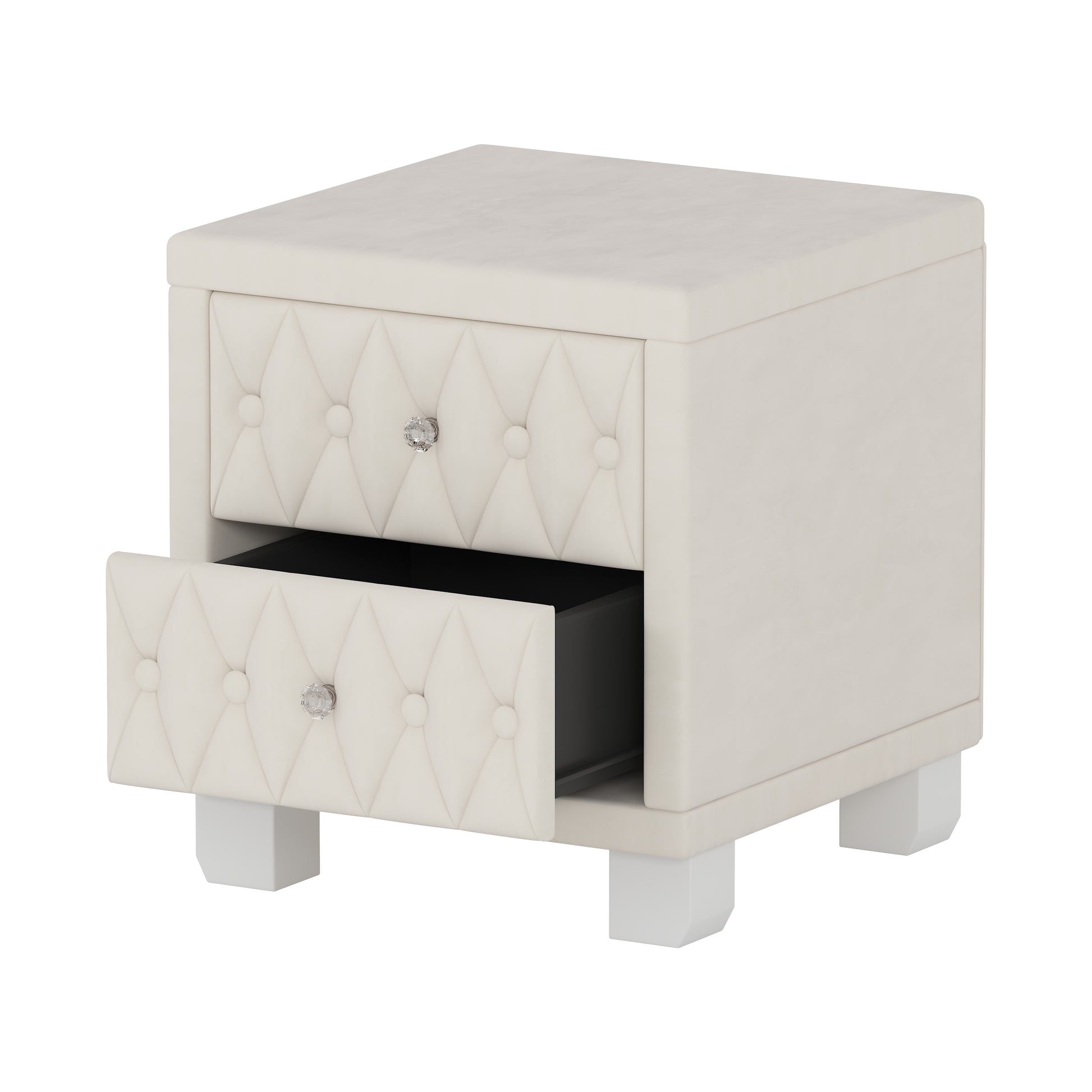 Cream velvet nightstand with tufted drawers and crystal knobs