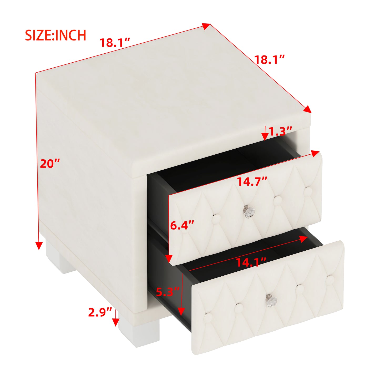 Cream velvet tufted nightstand with two drawers and crystal knobs