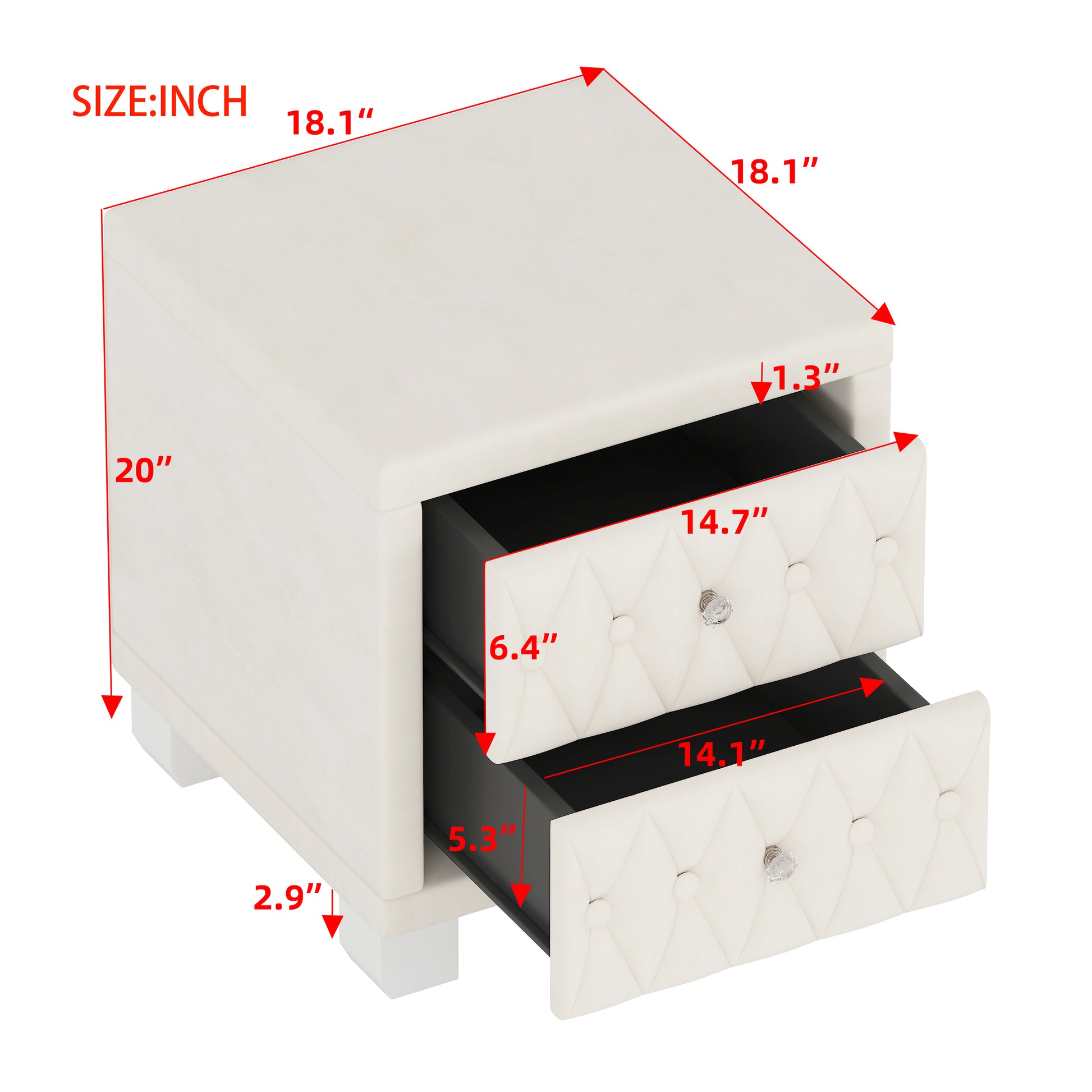 Cream velvet tufted nightstand with two drawers and crystal knobs