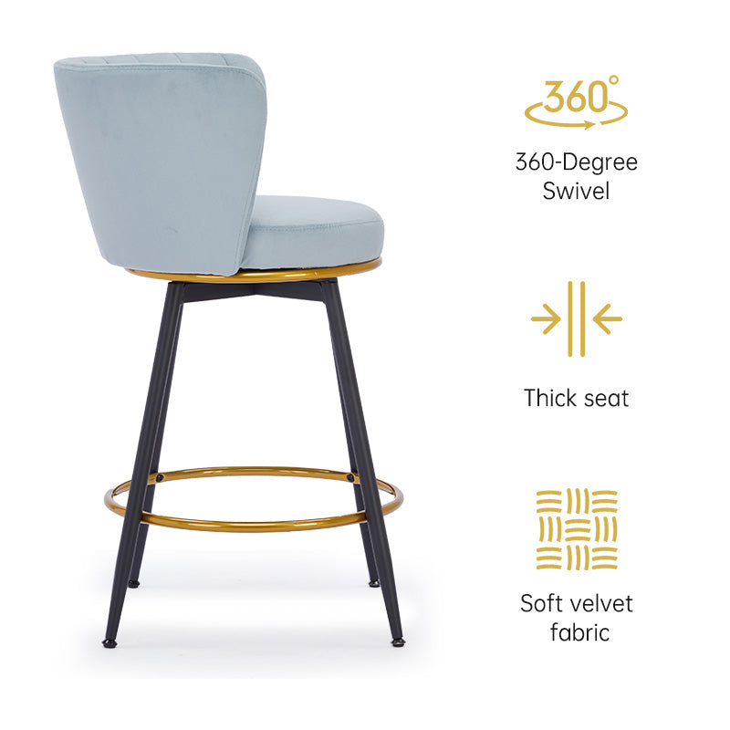 Light blue velvet swivel bar stool with black metal legs and gold footrest ring