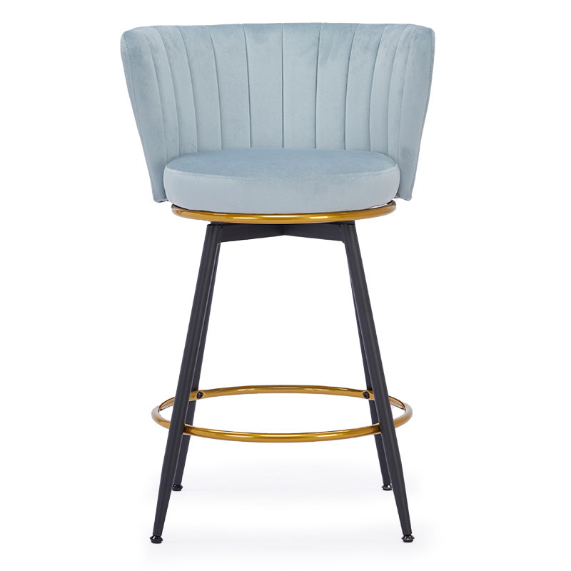 Light blue velvet bar stool with channel tufting gold footrest ring and black legs
